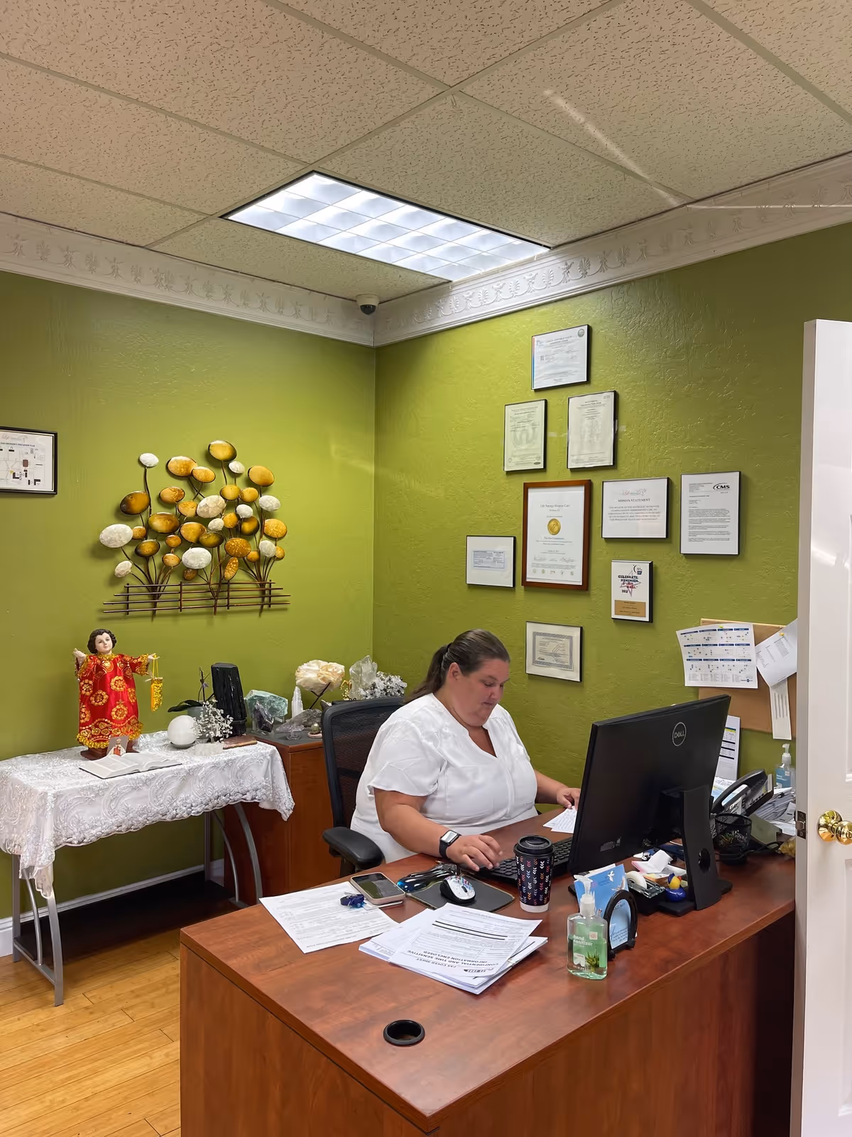 Staff member sits at a wooden desk in a green-walled office with framed certificates.