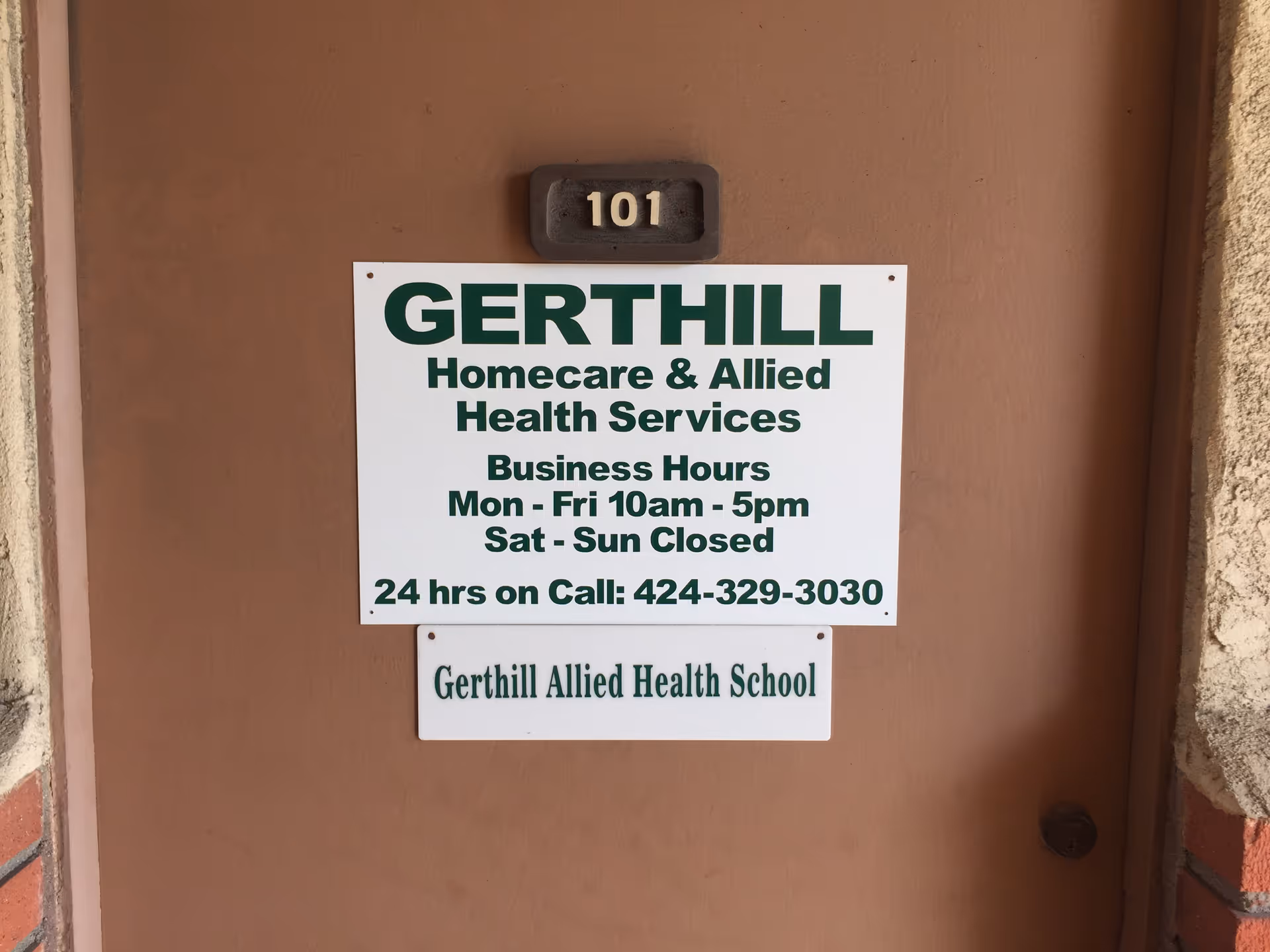 Brown door with Gerthill Homecare and Allied Health Services signage.