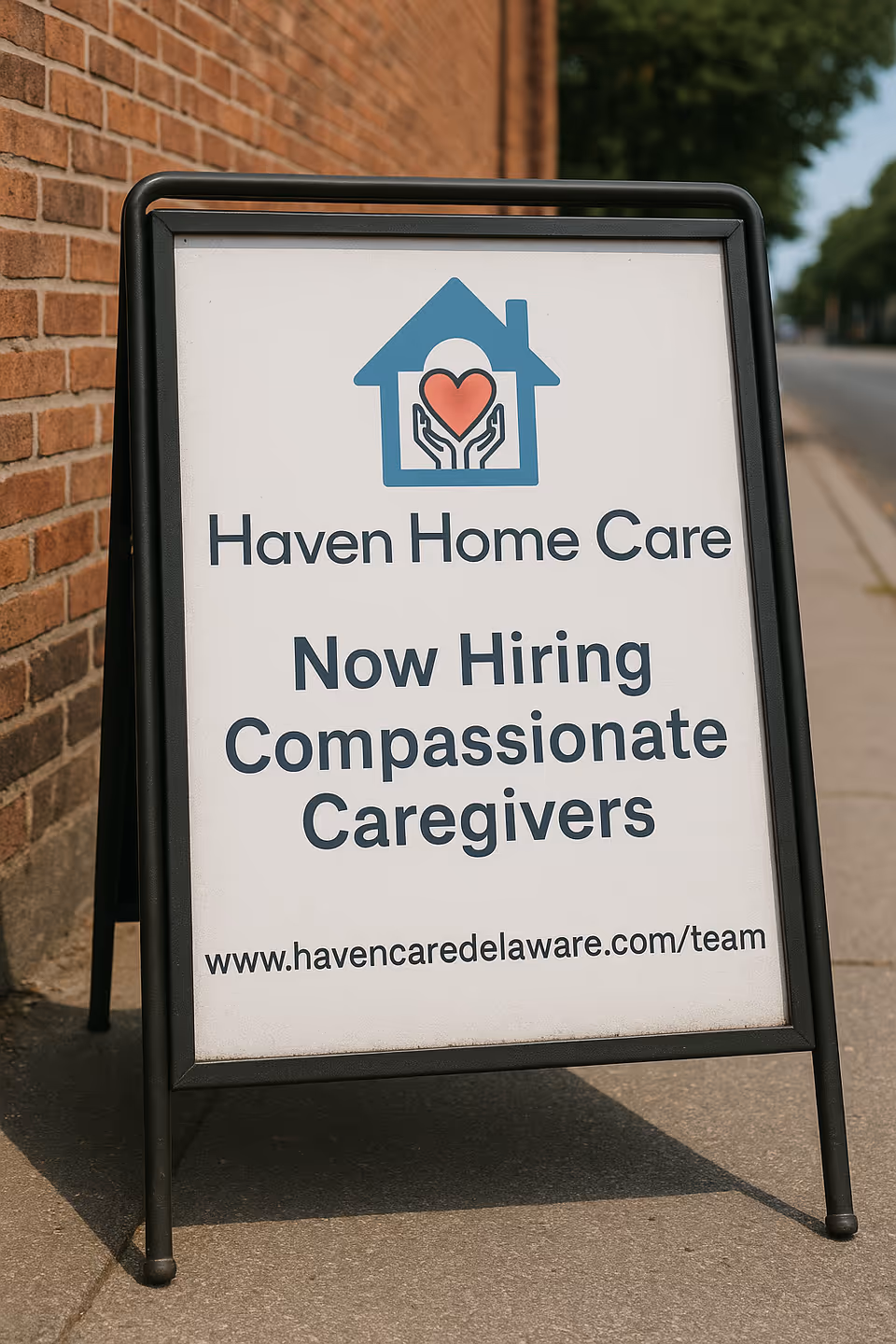 Sidewalk sign outside brick building for Haven Home Care advertising now hiring compassionate caregivers