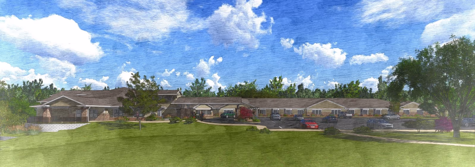 Front exterior view of a single-story senior living facility with a landscaped lawn, parking area and cars under a blue sky.