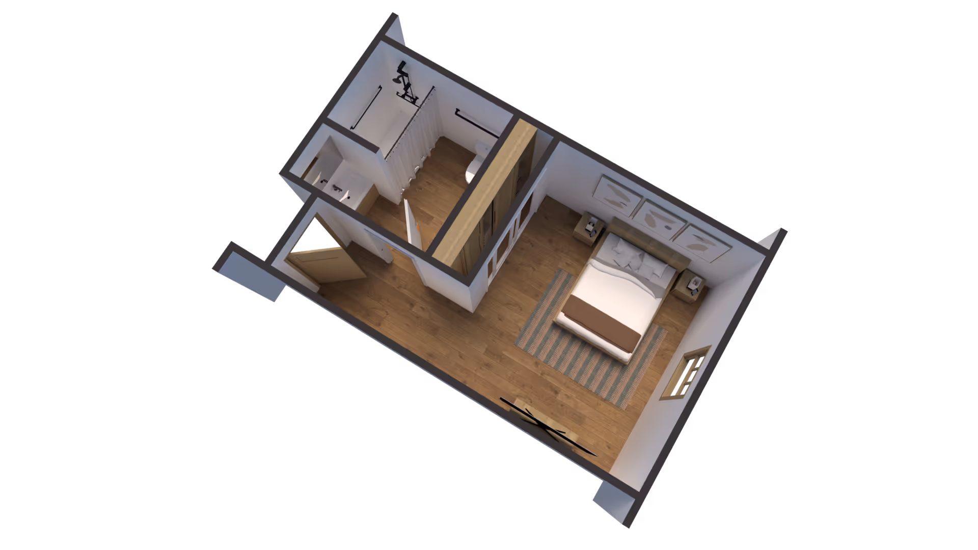 3D floor plan of a bedroom and adjoining bathroom in a senior living unit