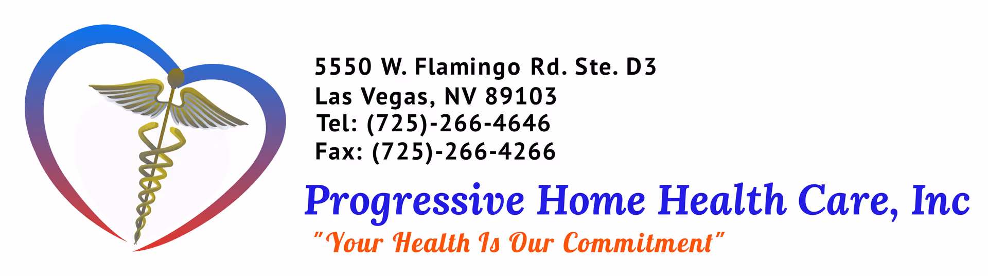 Progressive Home Health Care logo featuring a heart and medical symbol with address and slogan.