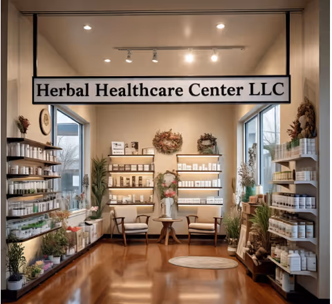 Interior herbal product shop with shelves, seating area, and a sign reading Herbal Healthcare Center LLC.