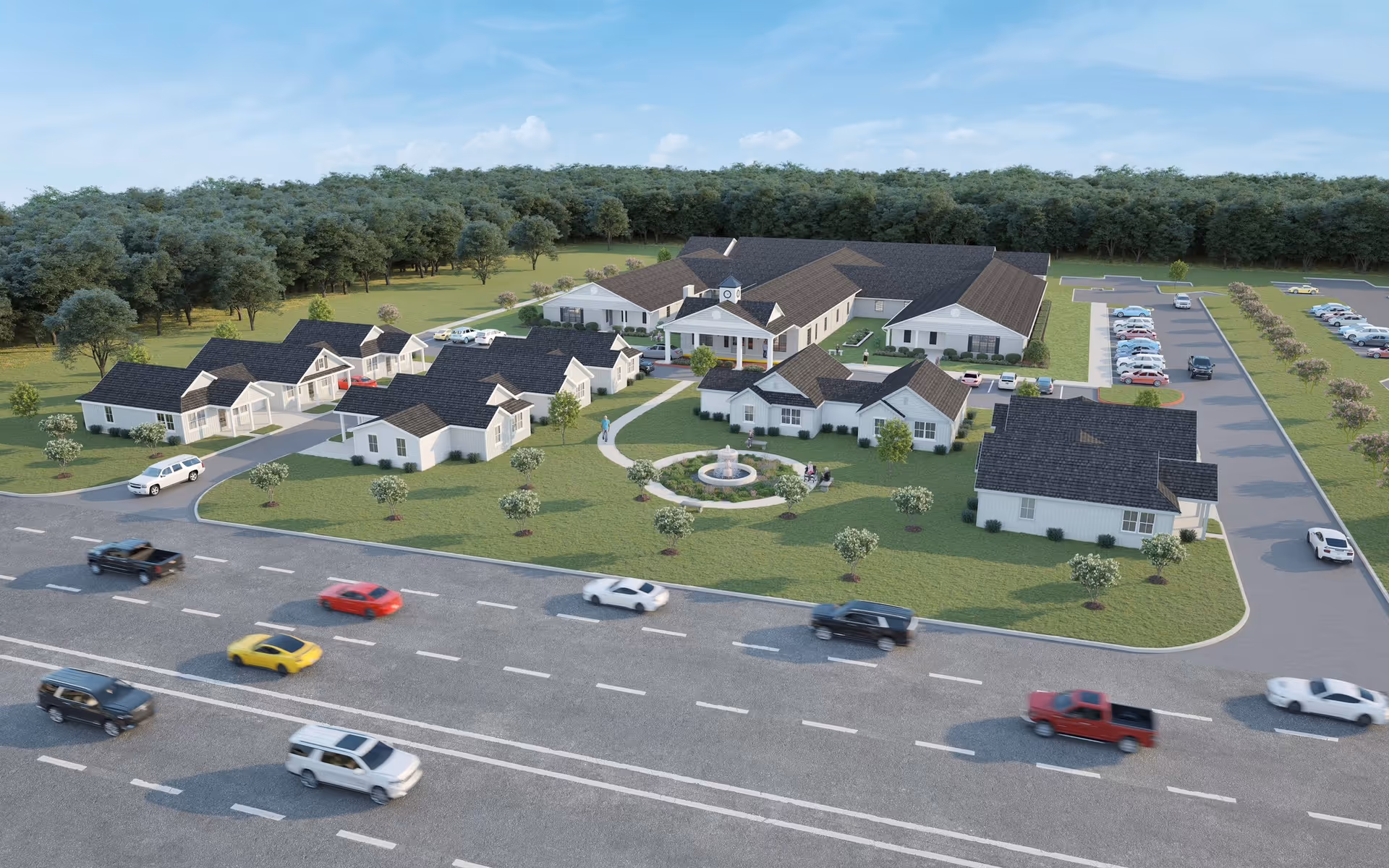 Aerial view of Lamar Place senior living campus with multiple white buildings and a central fountain.