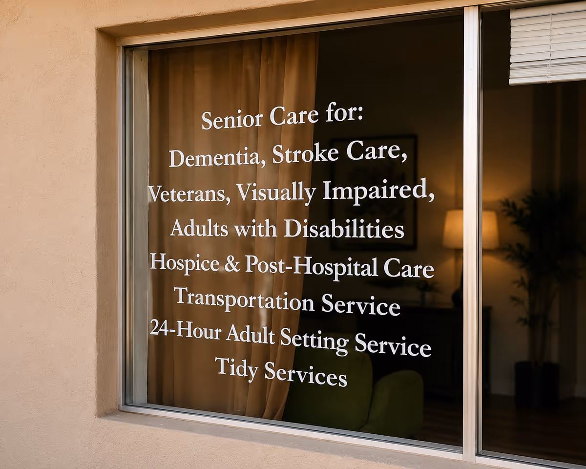 Window sign listing senior care services visible in a beige building exterior.