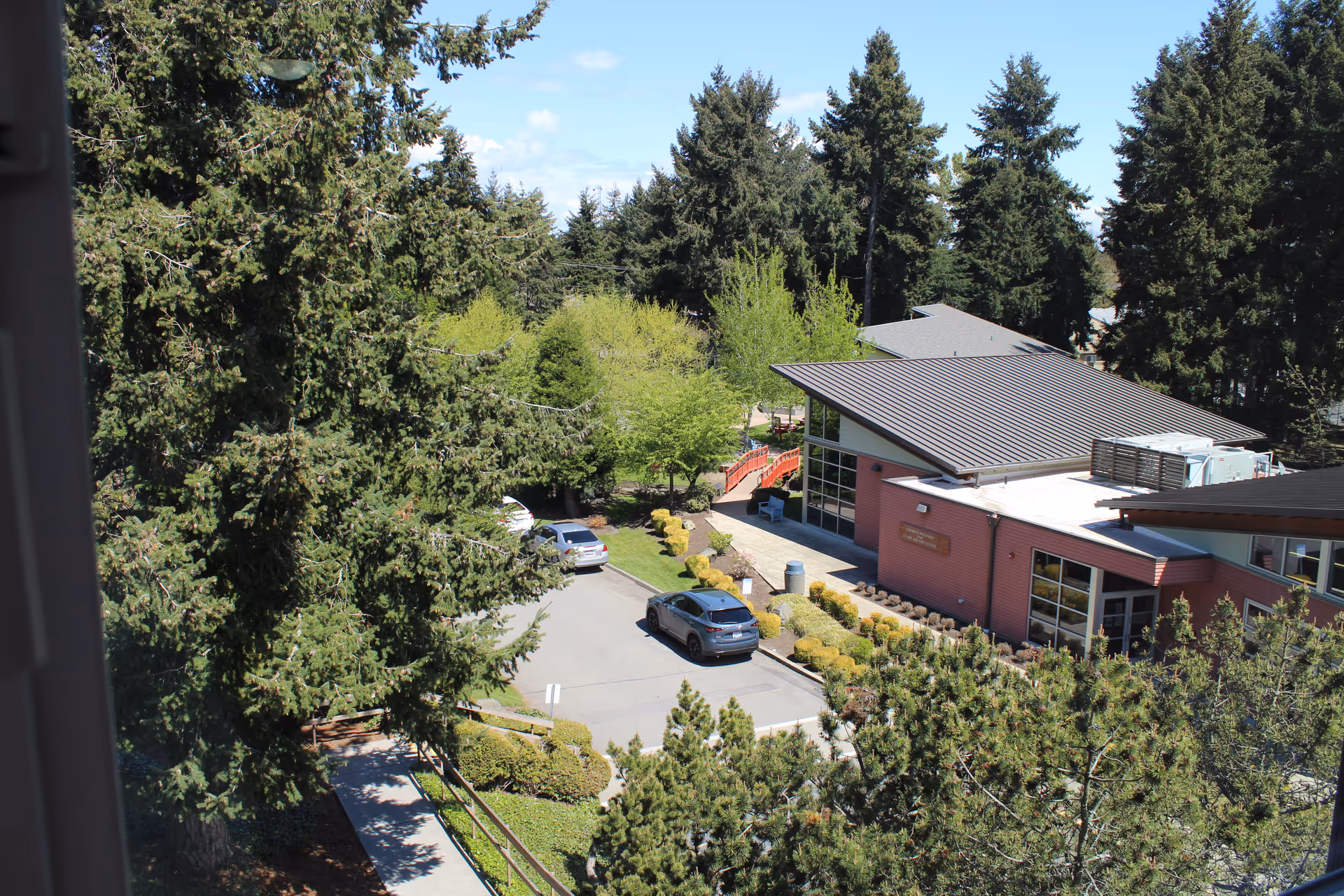 View of a senior living facility named Eliseo from an elevated position showing a parking area with cars, surrounded by tall evergreen trees and landscaped bushes. The building has a modern design with a sloped roof and large windows. A red pedestrian bridge is visible in the background among the trees.