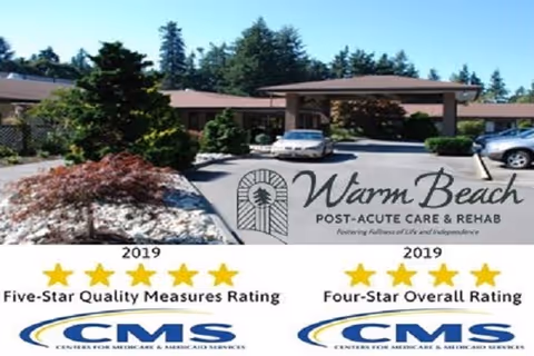 Entrance to Warm Beach Senior Community post-acute care facility with cars parked outside and landscaping.