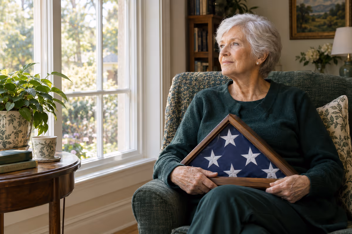 An older widow sits by a window holding a folded American flag in a display case
