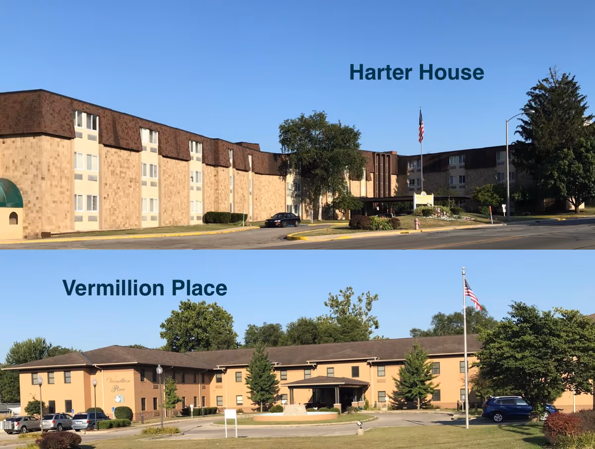 Two images showing exterior views of senior living facilities. The top image shows a large multi-story building with a brown roof and beige walls, labeled 'Harter House' with an American flag in front. The bottom image shows a two-story building with a brown roof and light brown walls, labeled 'Vermillion Place' with an American flag and several trees and parked cars in front.