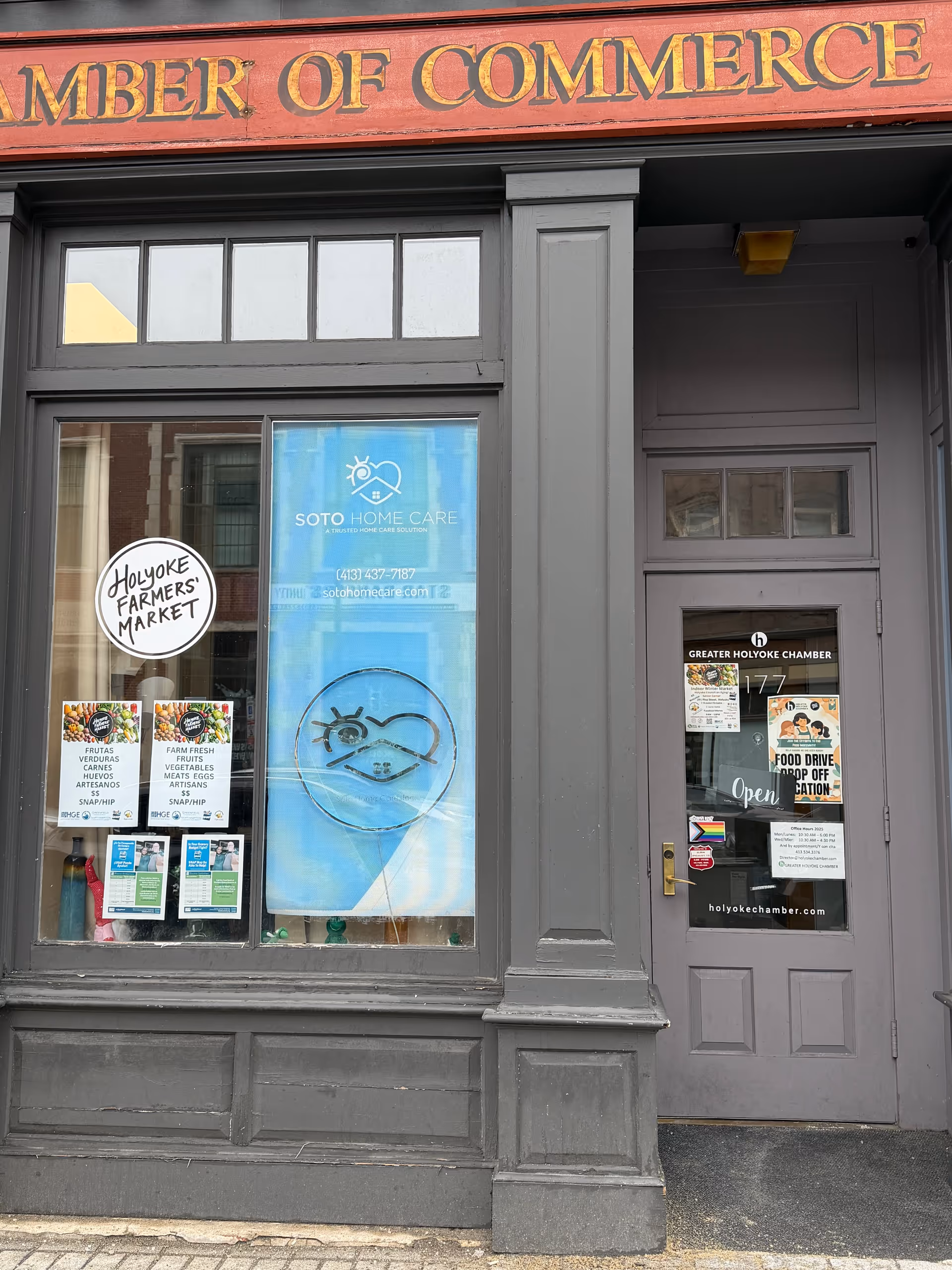 Storefront with Soto Home Care, Inc. signage and promotional posters in windows.