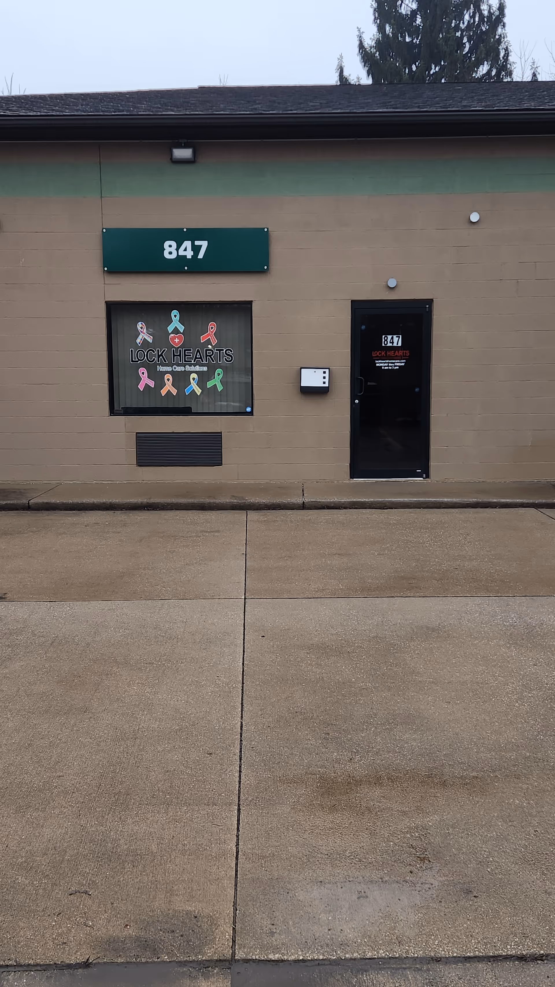 Front exterior of Lock Hearts Home Care Solutions building with address 847.