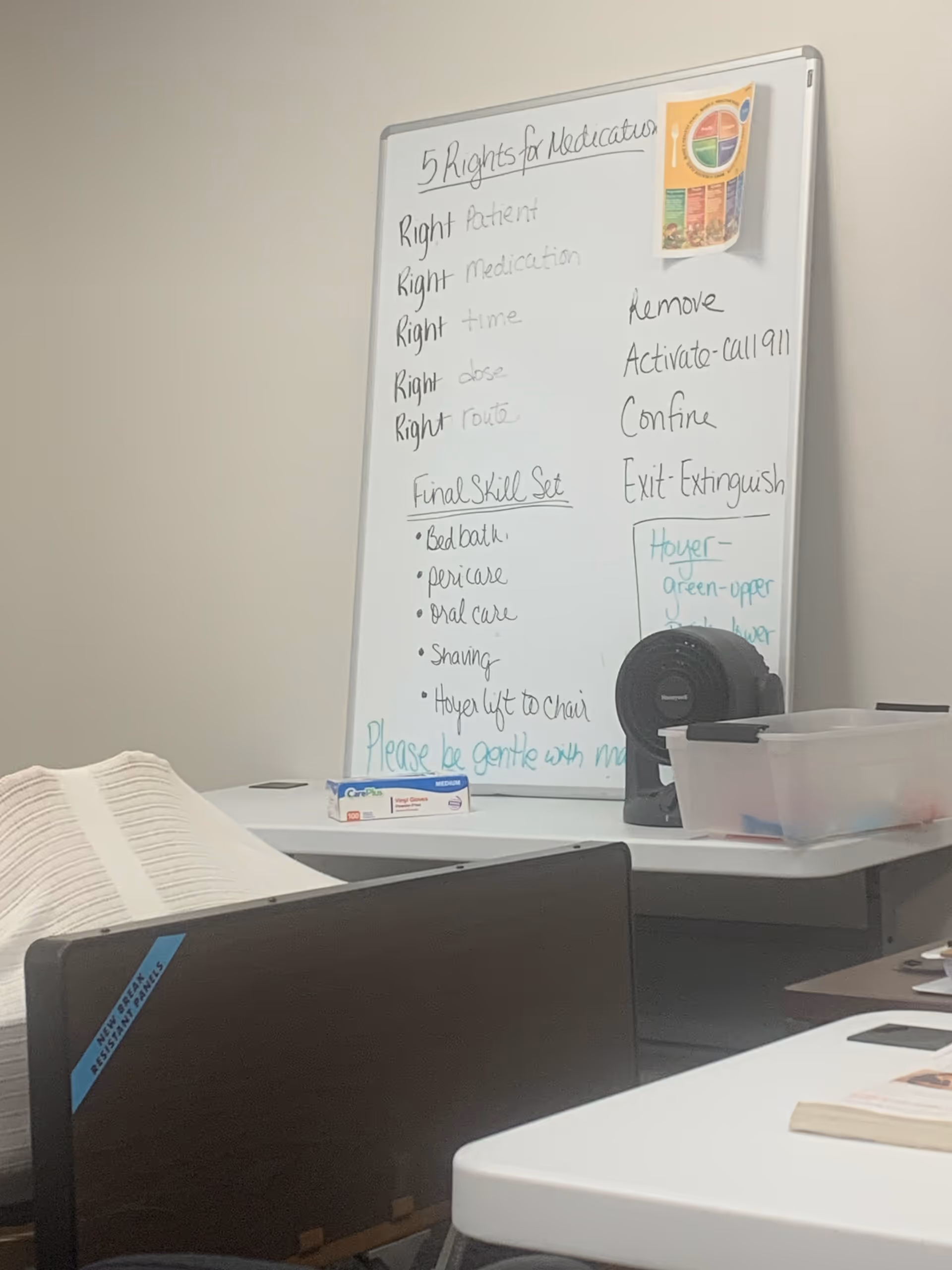 Whiteboard detailing medication rights notes in a tidy interior office.