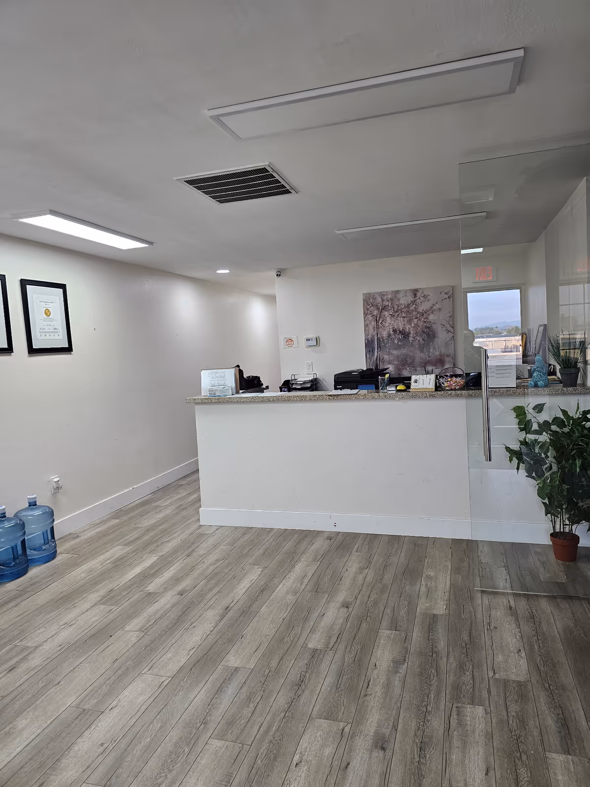 Reception desk in a bright, clean lobby with framed certificates and a potted plant.