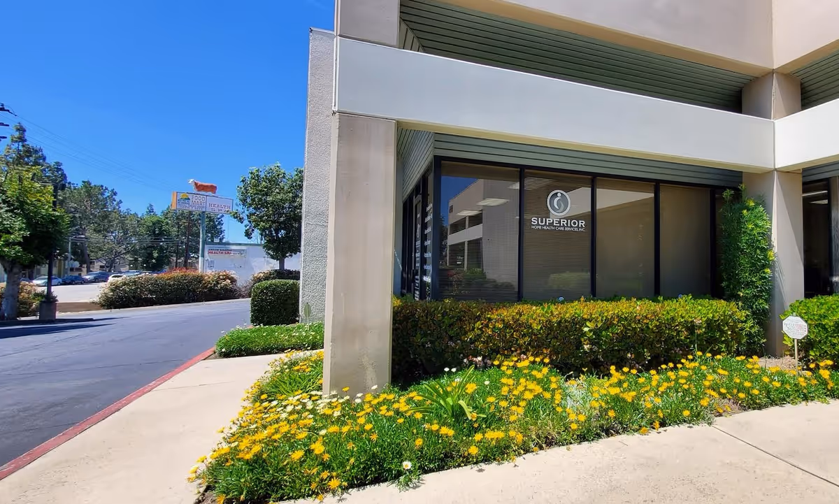 Exterior view of a modern building with large windows and yellow flower beds.