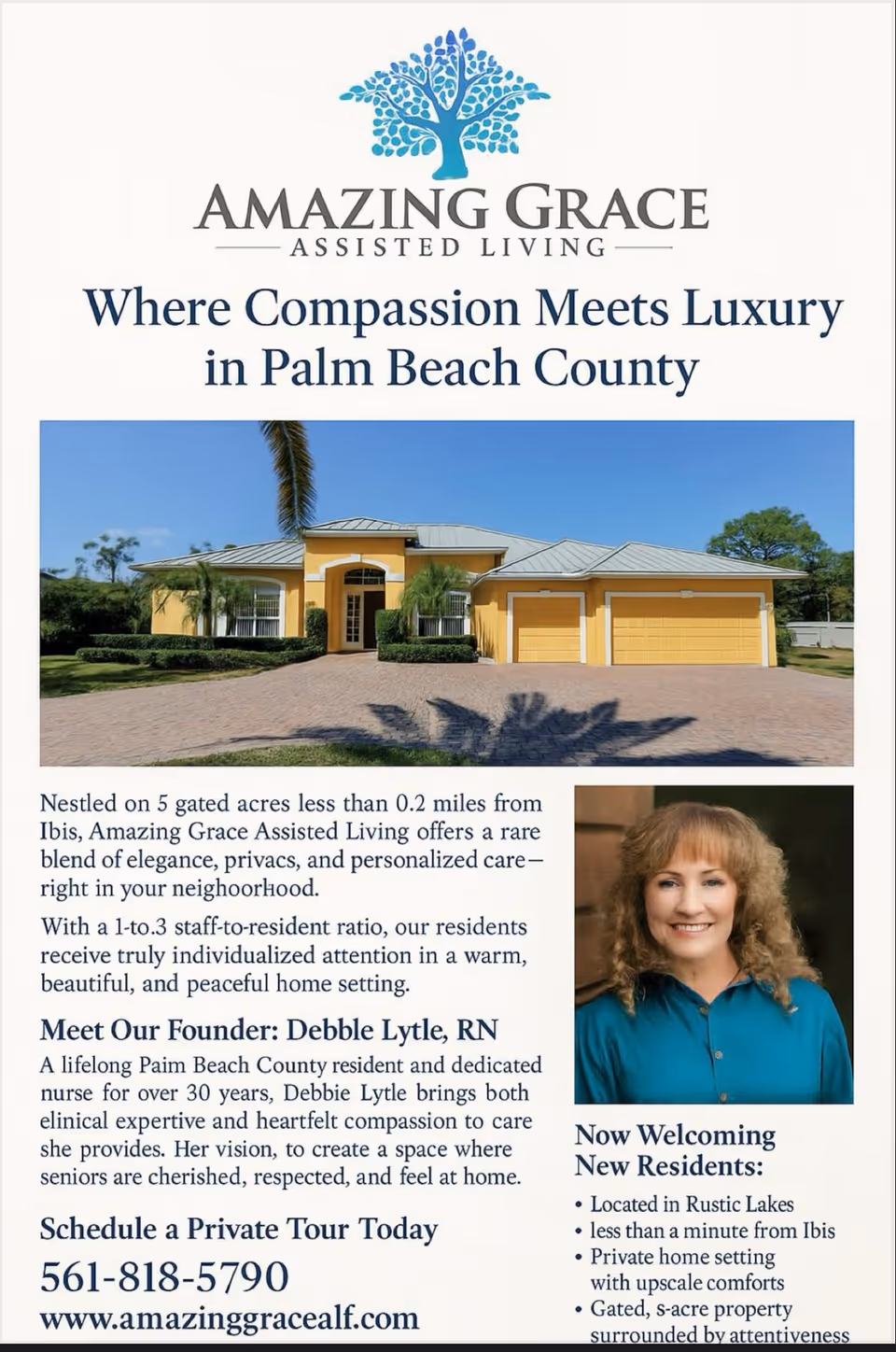 Front view of a yellow assisted living facility with palm trees and a two-car garage.