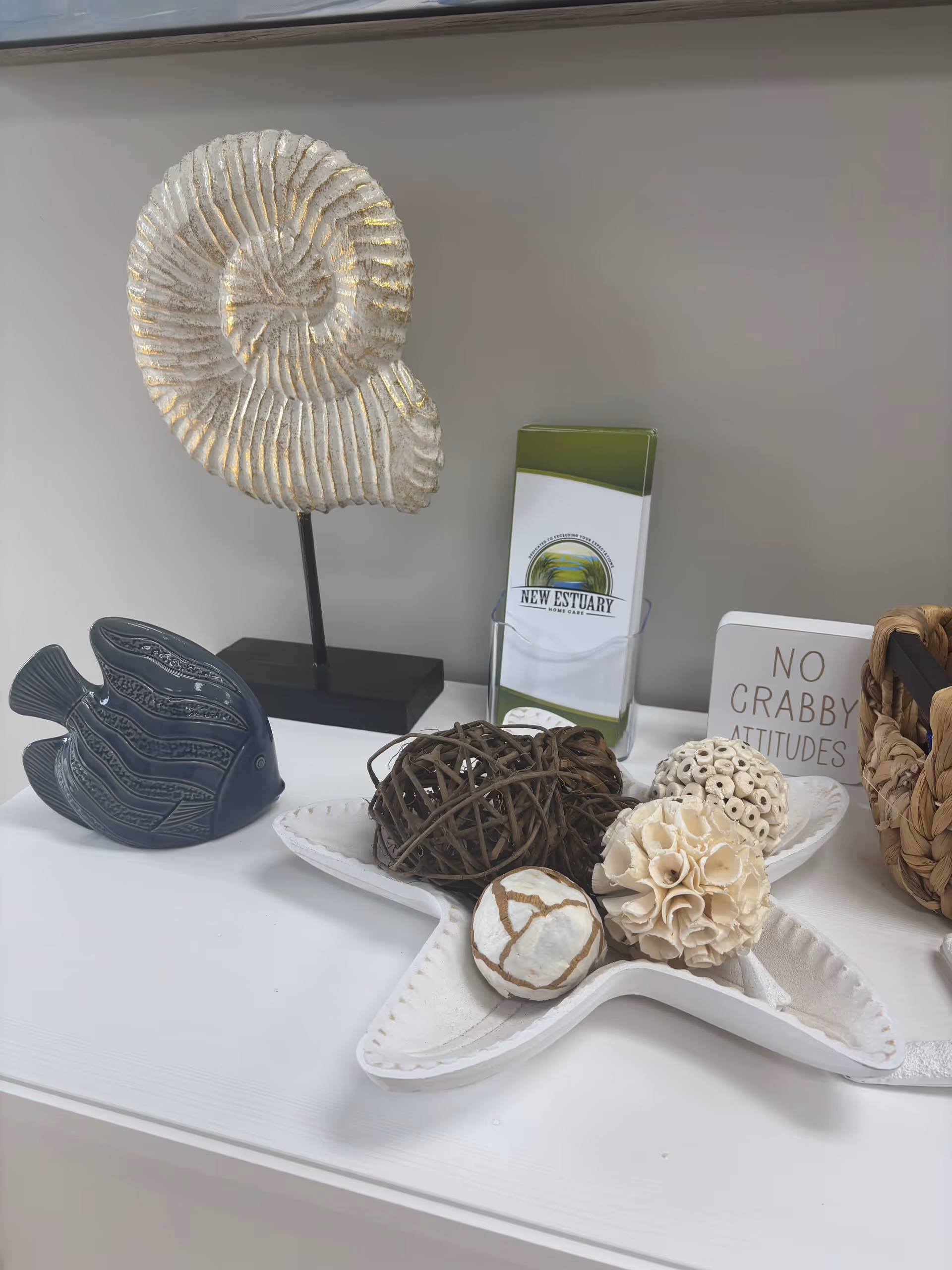 Coastal decor on a white shelf with a New Estuary brochure.