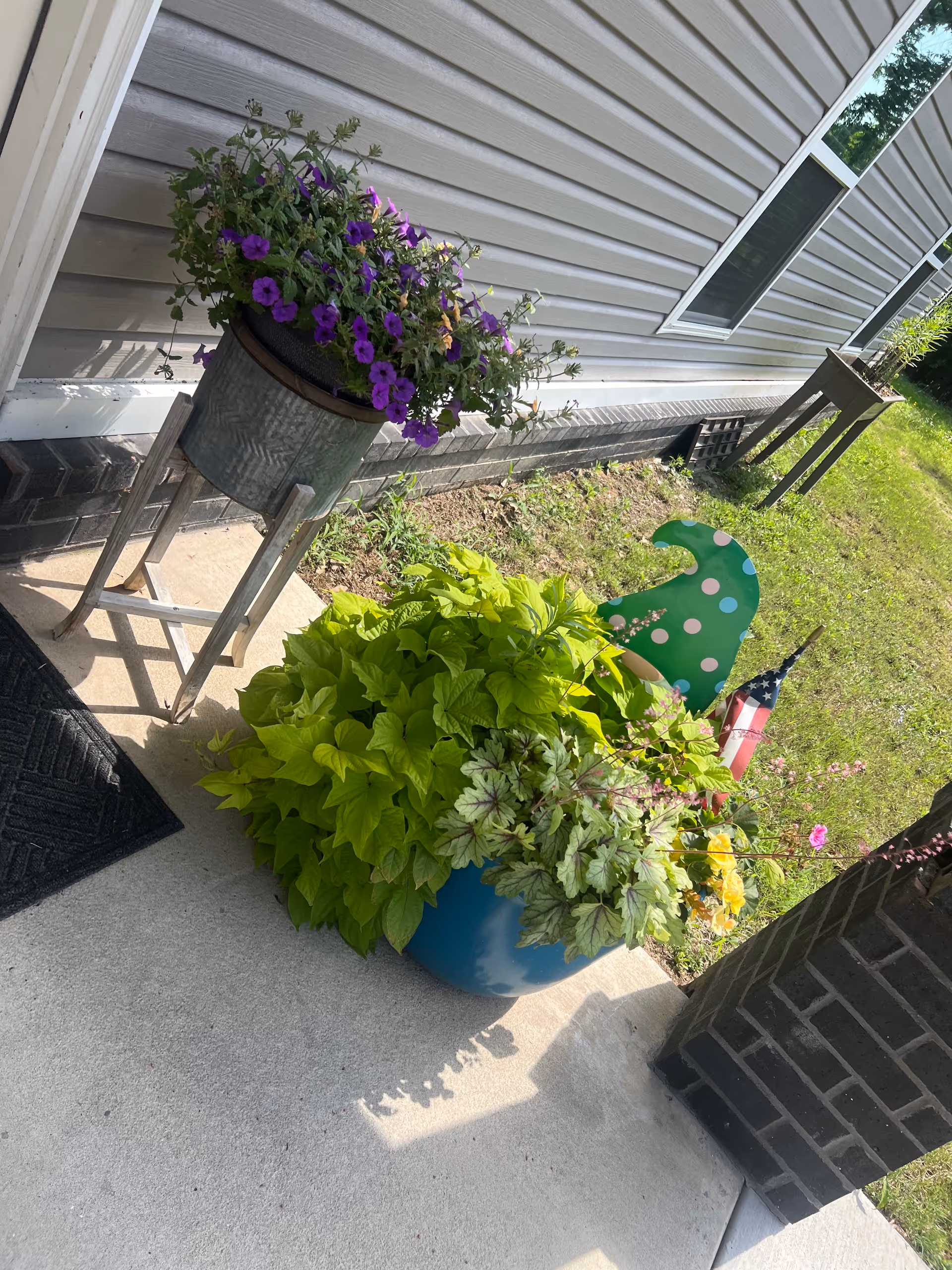 Front porch of Pleasant Hill Care Homes with potted flowers and greenery.