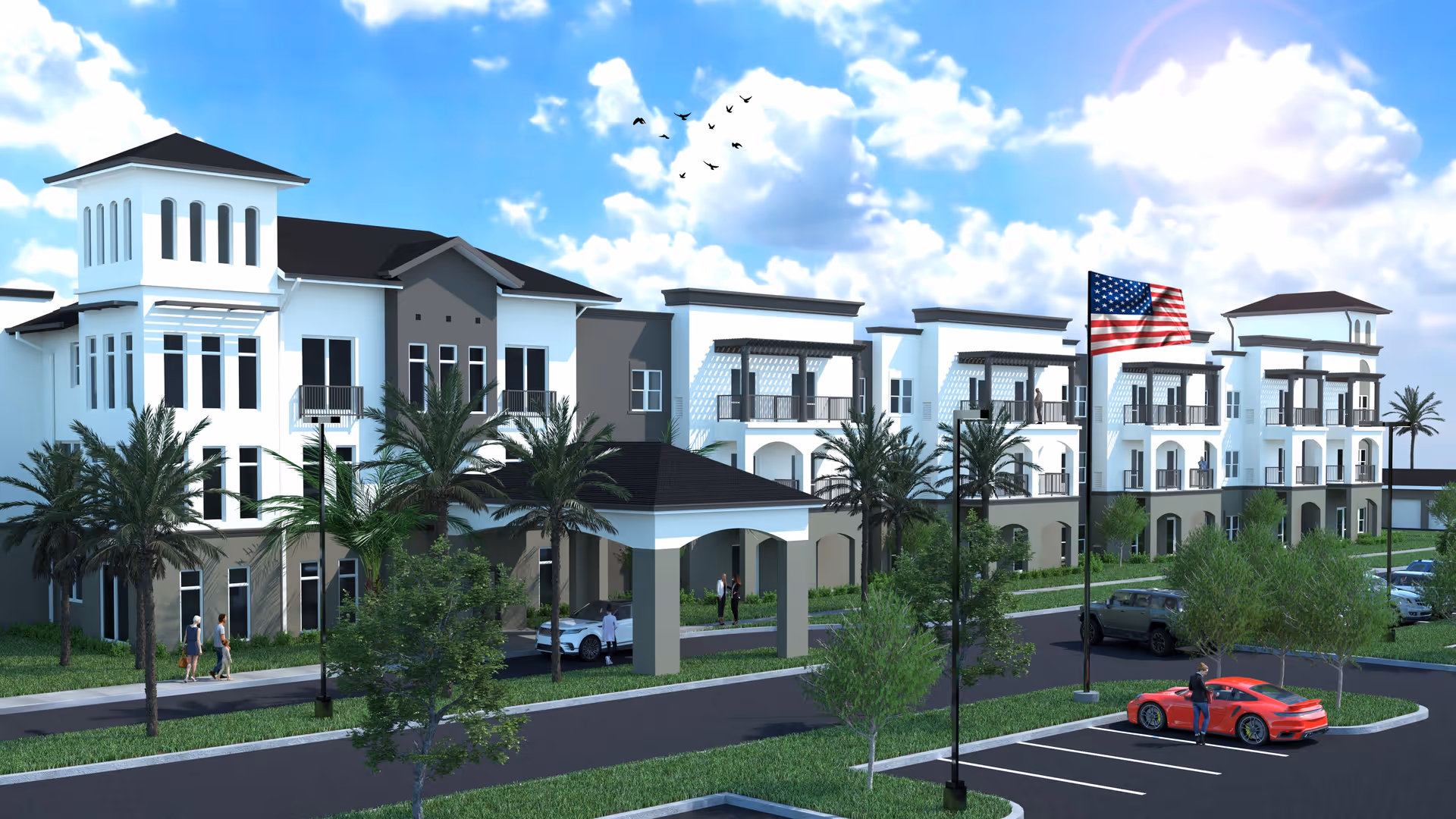 Exterior view of a modern three-story senior living facility with white and gray walls, multiple balconies, palm trees, a parking lot with cars, an American flag on a flagpole, and a few people walking near the entrance under a partly cloudy sky.