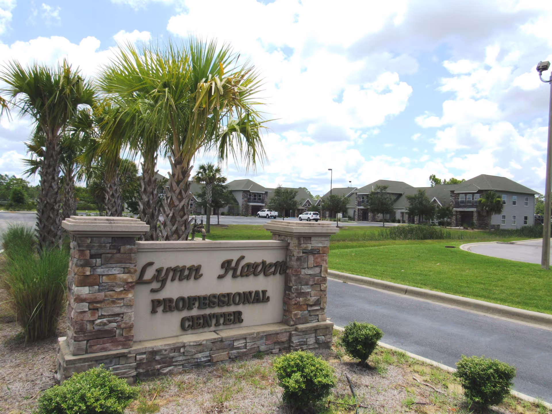 Stone sign reading Lynn Haven Professional Center with palm trees and distant buildings.