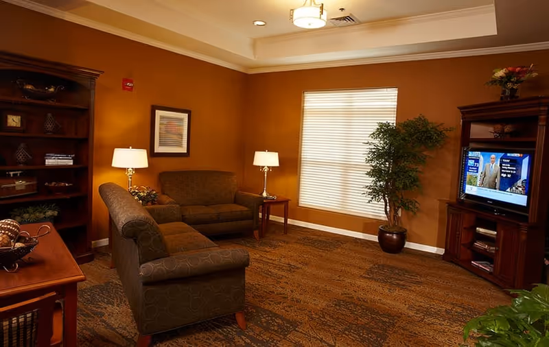 Warmly lit common living room with two sofas, table lamps, a TV in a wooden cabinet, bookshelf and a potted plant.
