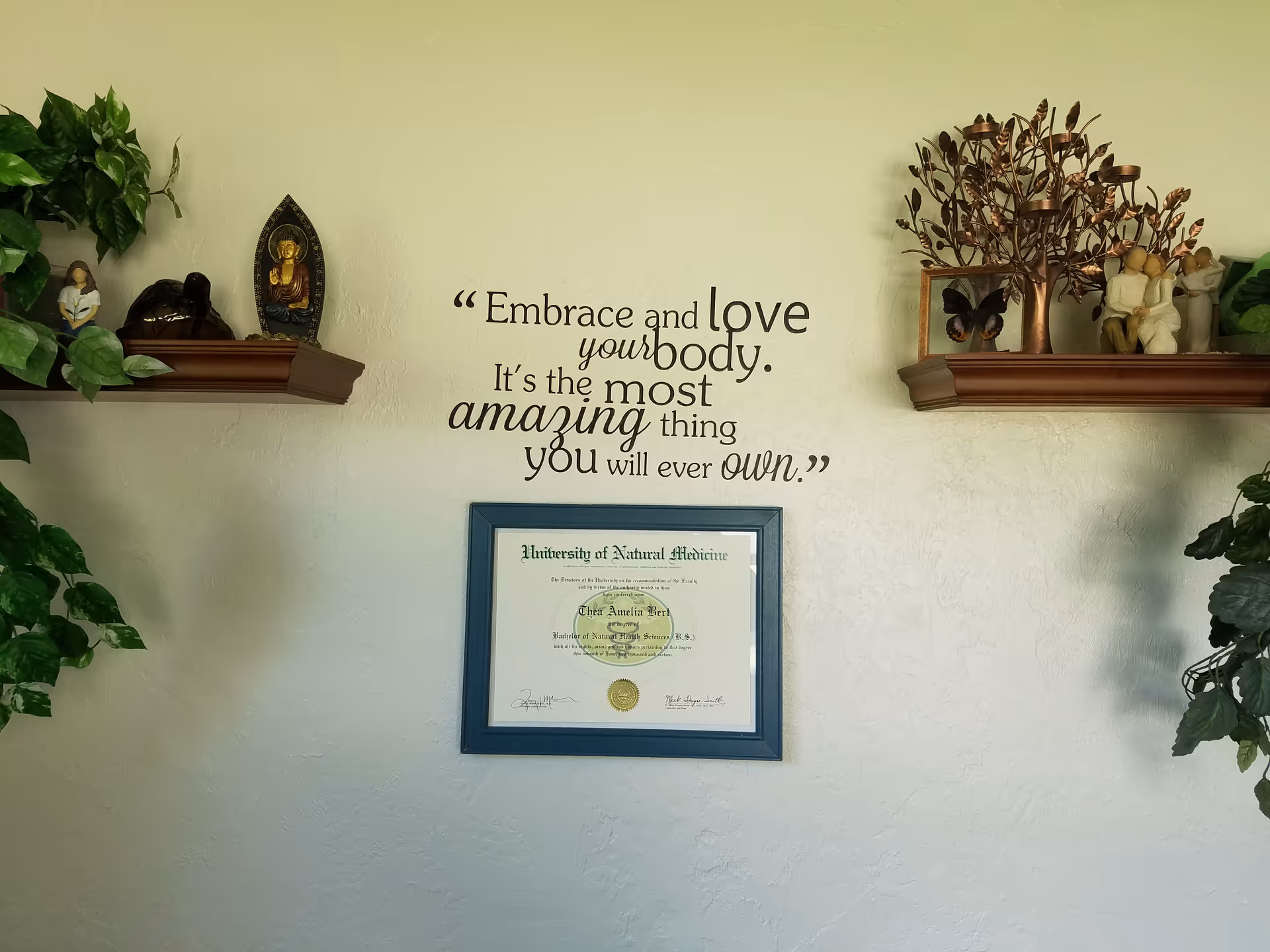 Decorative interior wall with a quote, diploma frame, and surrounding plants.