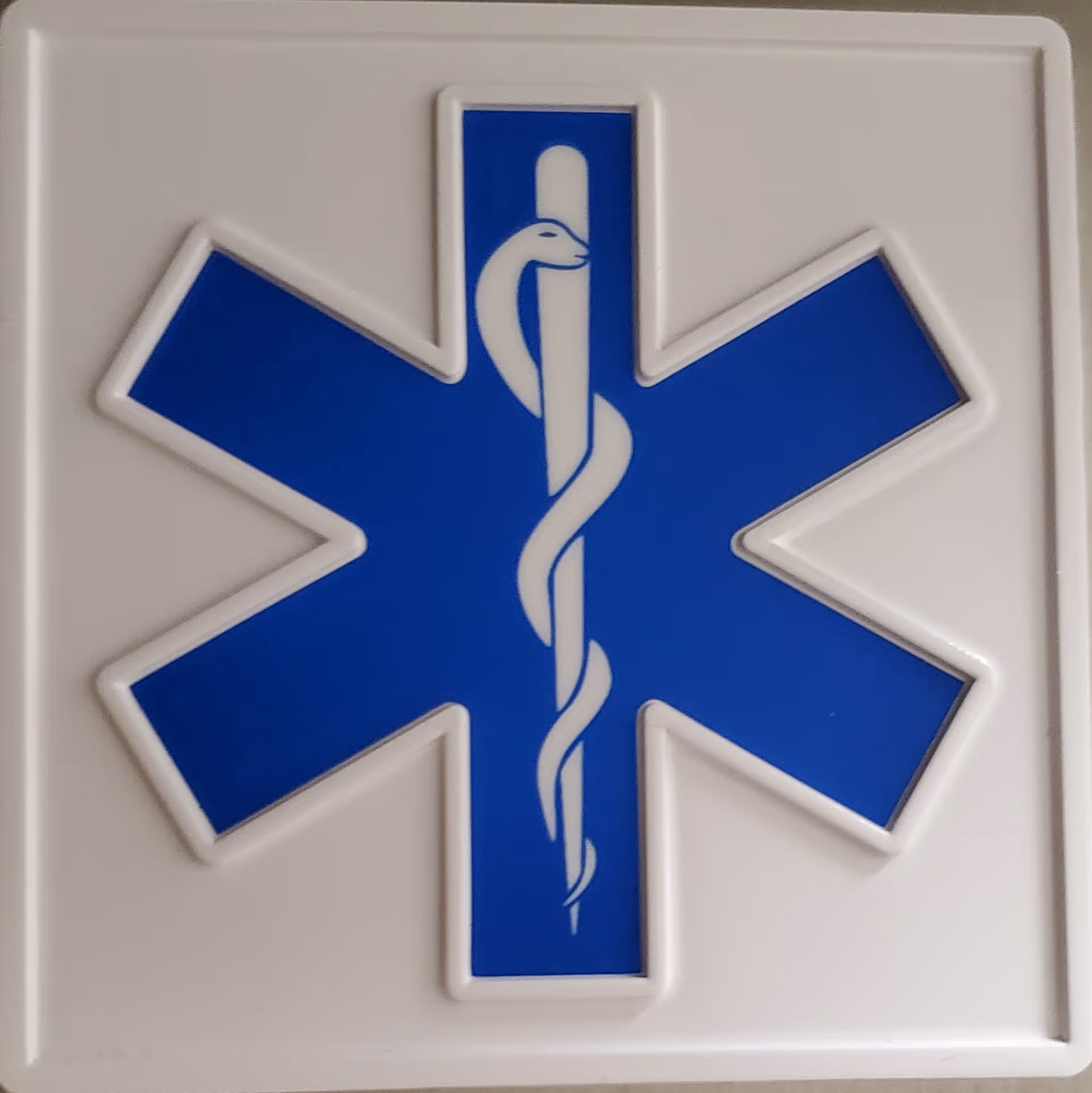 Close-up of a blue Star of Life medical symbol on a white panel.