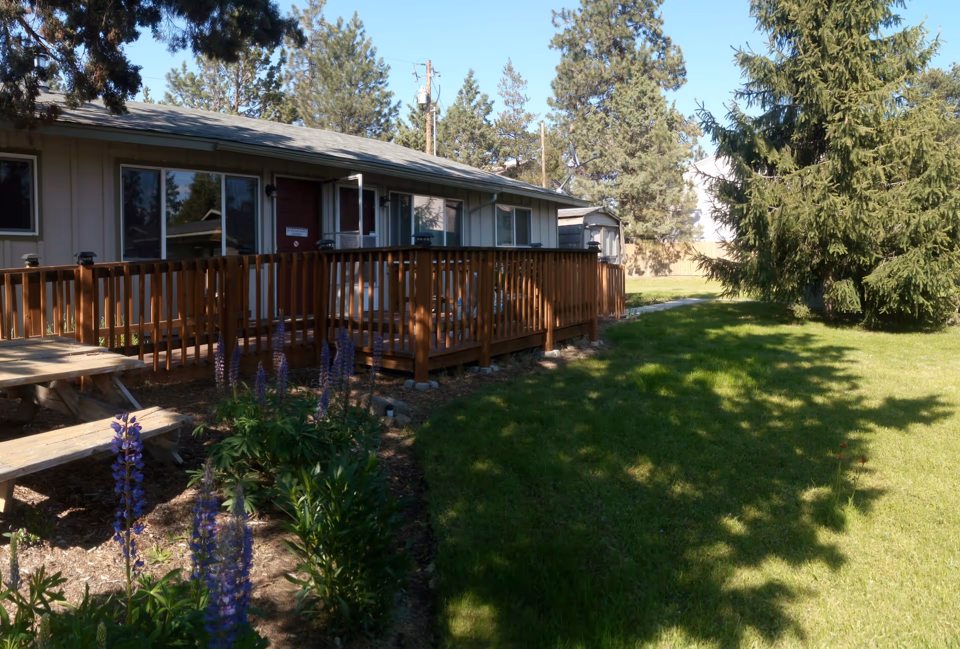 Outdoor view of a single-story building with a wooden ramp and railing leading to a red door. There are several windows along the building's side. In the foreground, there is a picnic table and purple flowering plants. The area is surrounded by green grass and tall trees under a clear blue sky.