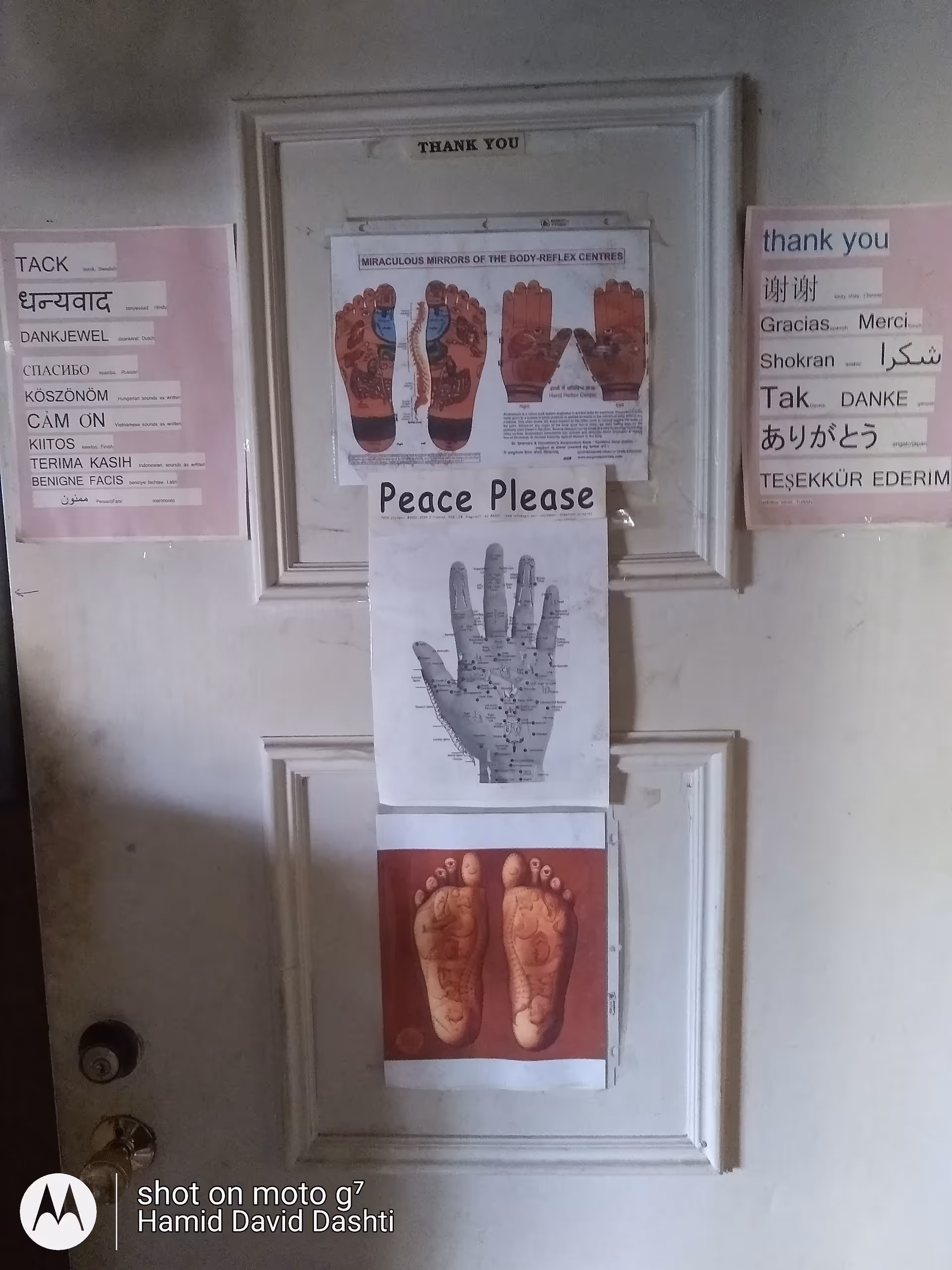 Interior door covered with foot and hand reflexology diagrams and a 'Peace Please' sign.