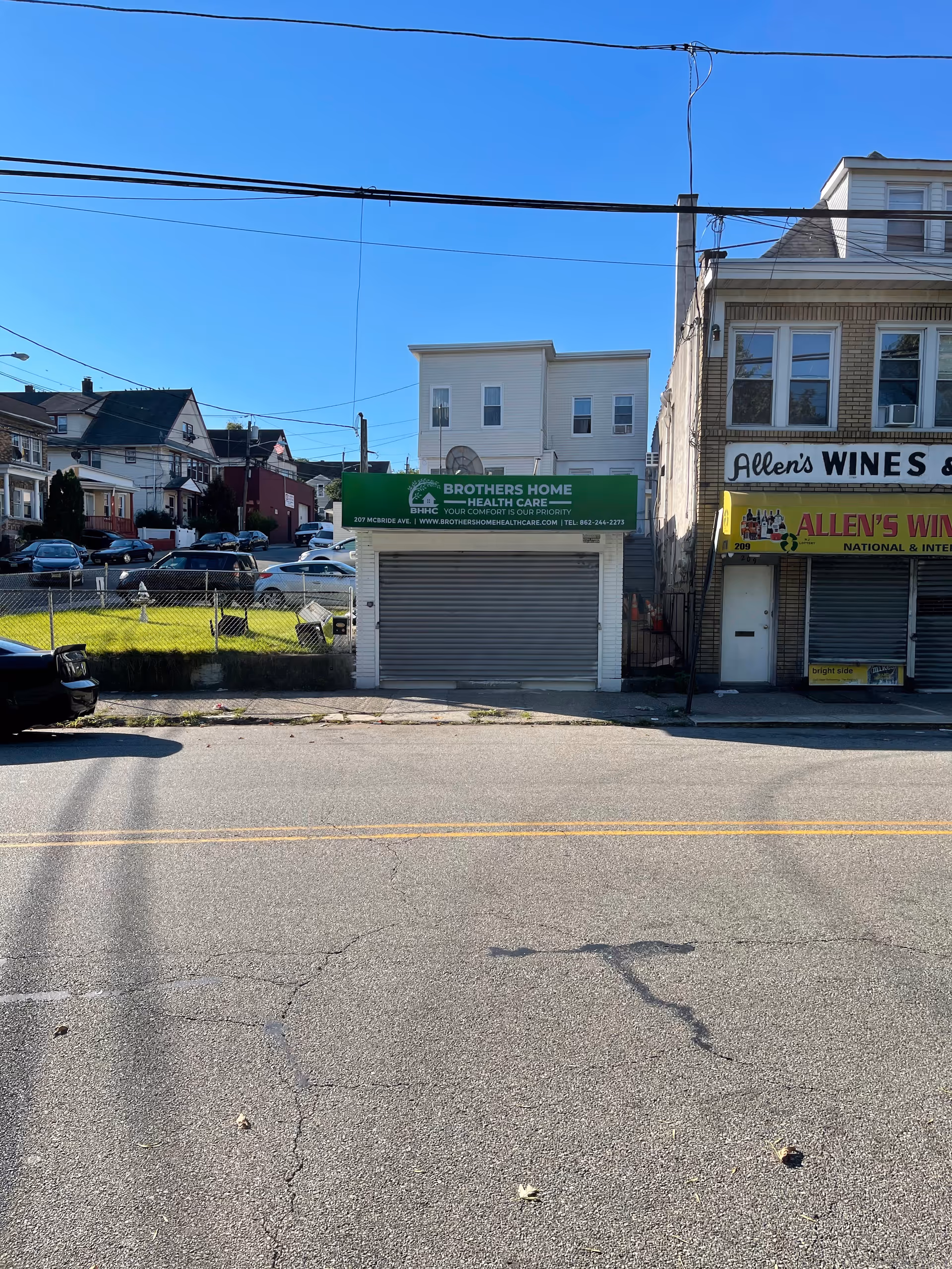 A street view shows Brothers Home Health Care storefront with a green sign and neighboring shop.