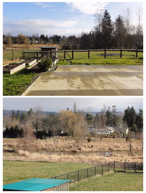 Outdoor view of fenced grassy yard, patio, and trees at Rise and Shine Adult Family Home.