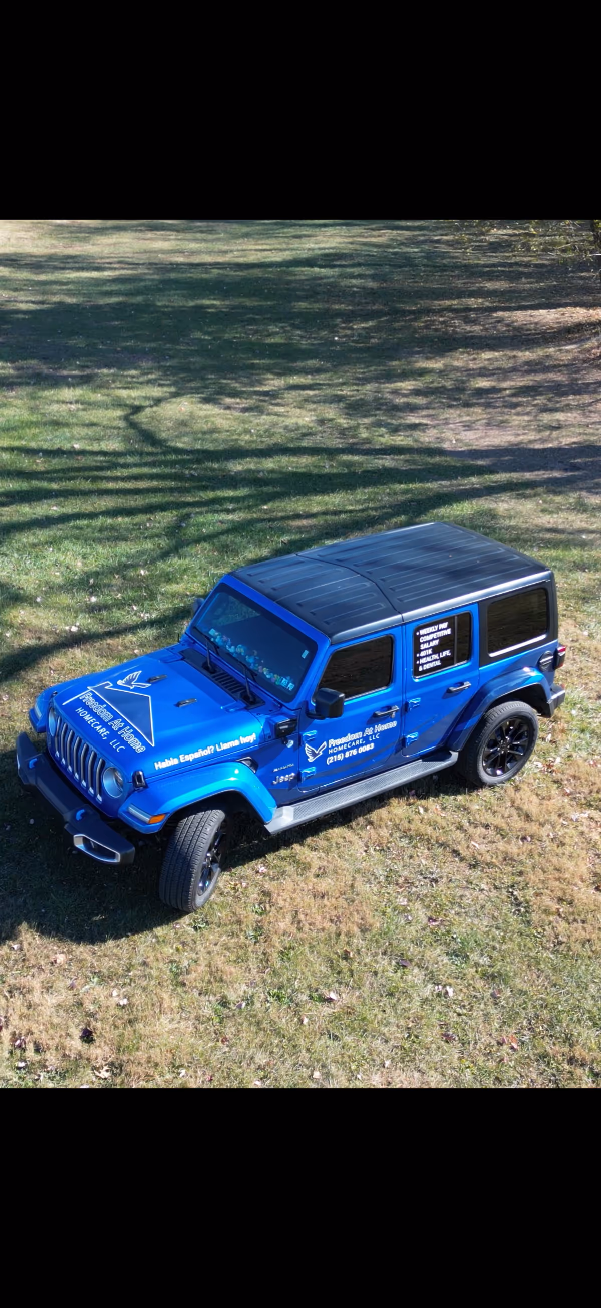 Bright blue off-road SUV parked on a grassy outdoor area.