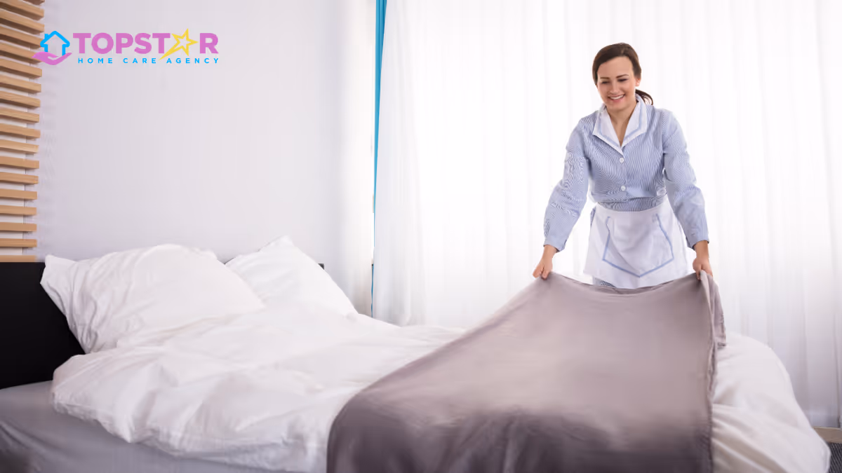 Caregiver folds a blanket at a freshly made bed in a bright bedroom.