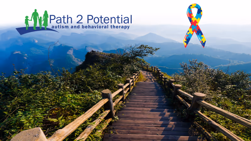 Outdoor mountain boardwalk with railing amid greenery and Path 2 Potential logo.