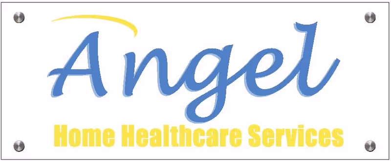 A sign on a wall displays Angel in blue script and Home Healthcare Services in yellow.