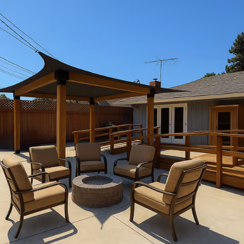 Outdoor seating area with six cushioned chairs surrounding a circular fire pit.