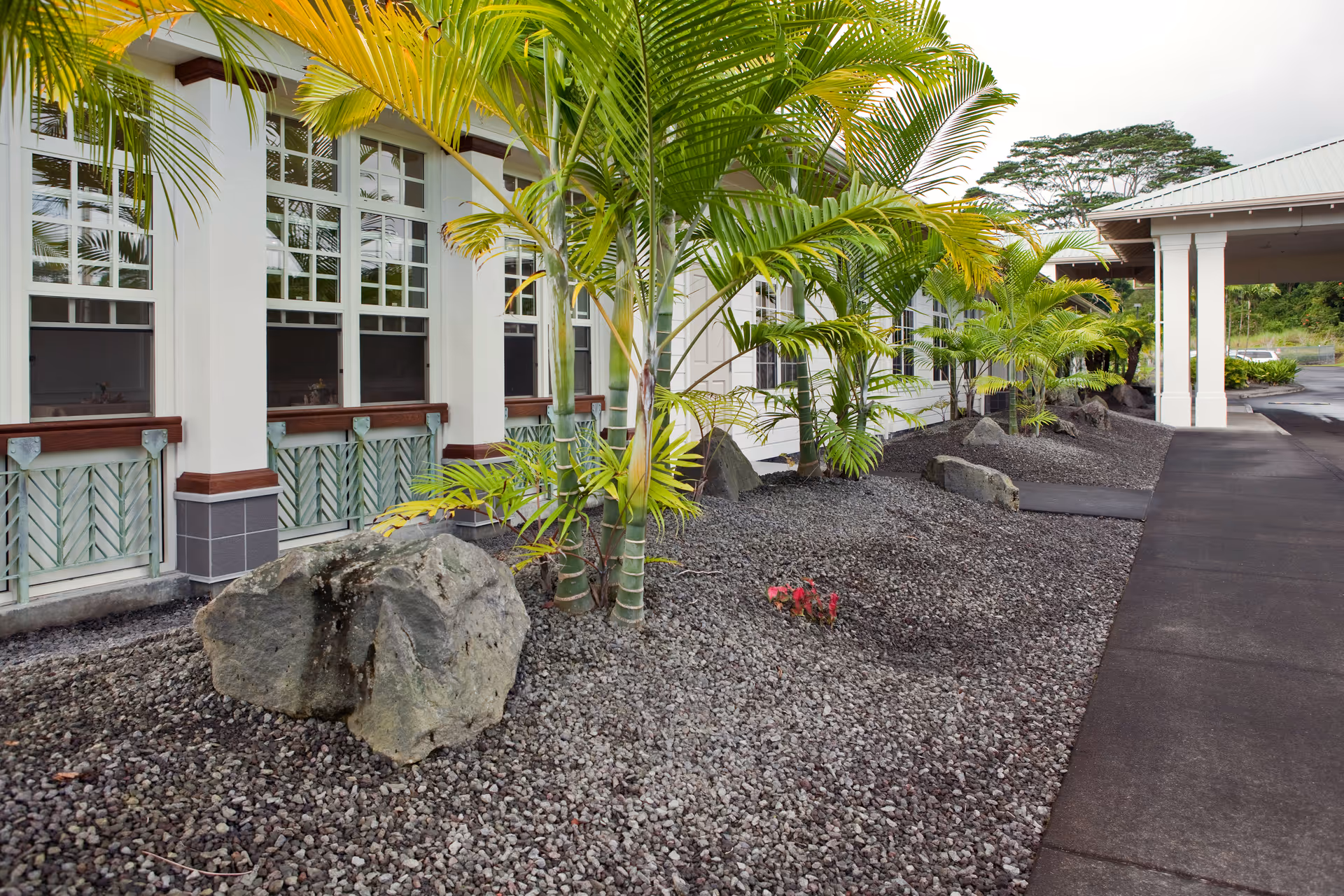Exterior view of Hale Anuenue Restorative Care with palm trees, gravel landscaping, and walkway.