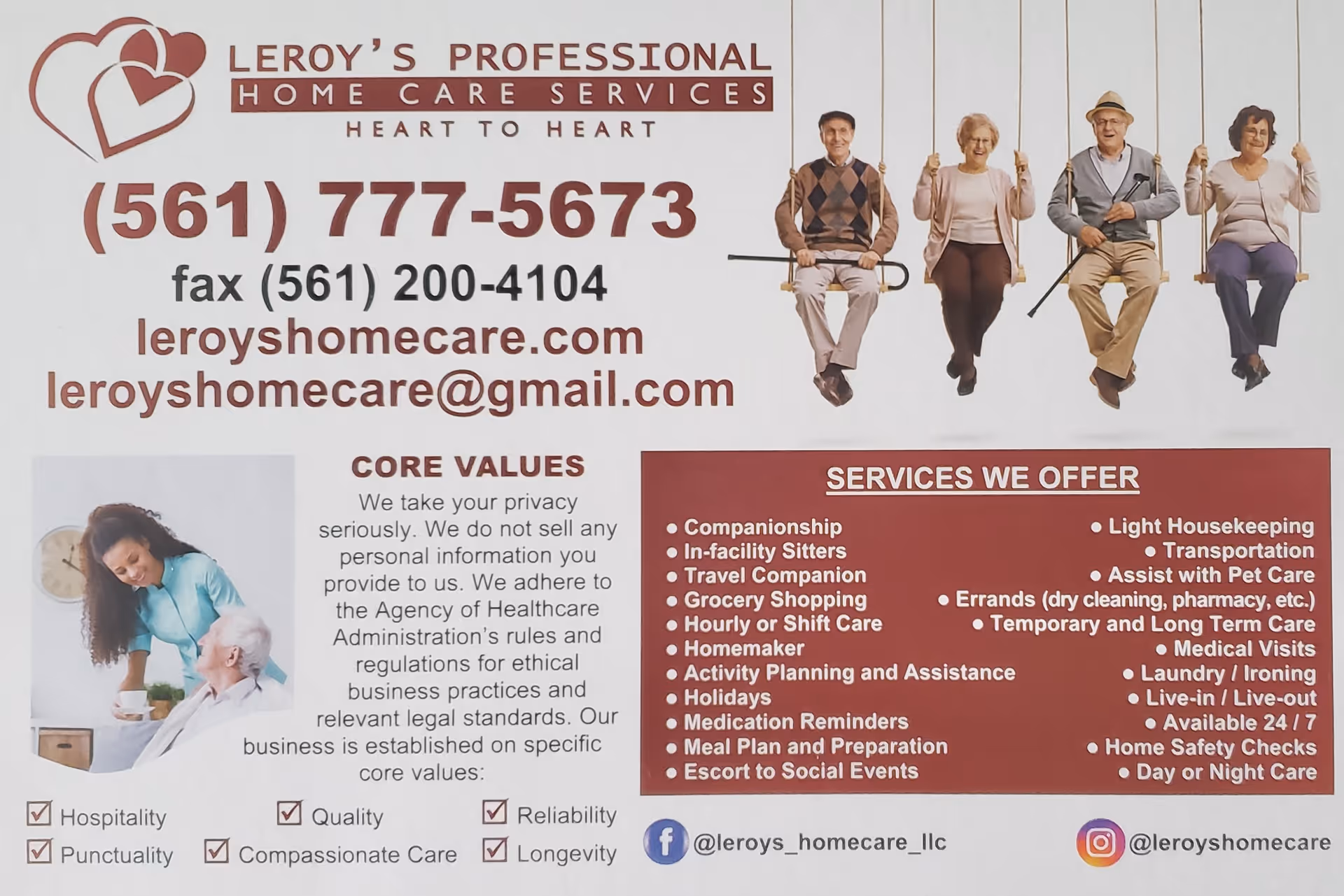 Front sign for Leroy's Professional Home Care Services with elderly people and contact info.