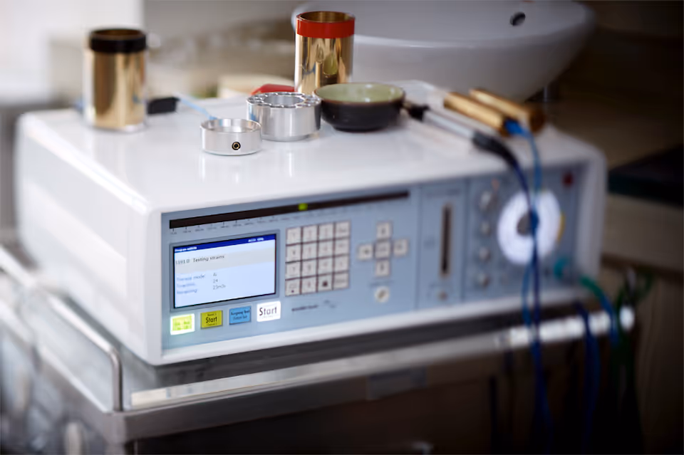 Close-up of a medical device control panel on a cart inside a senior facility.