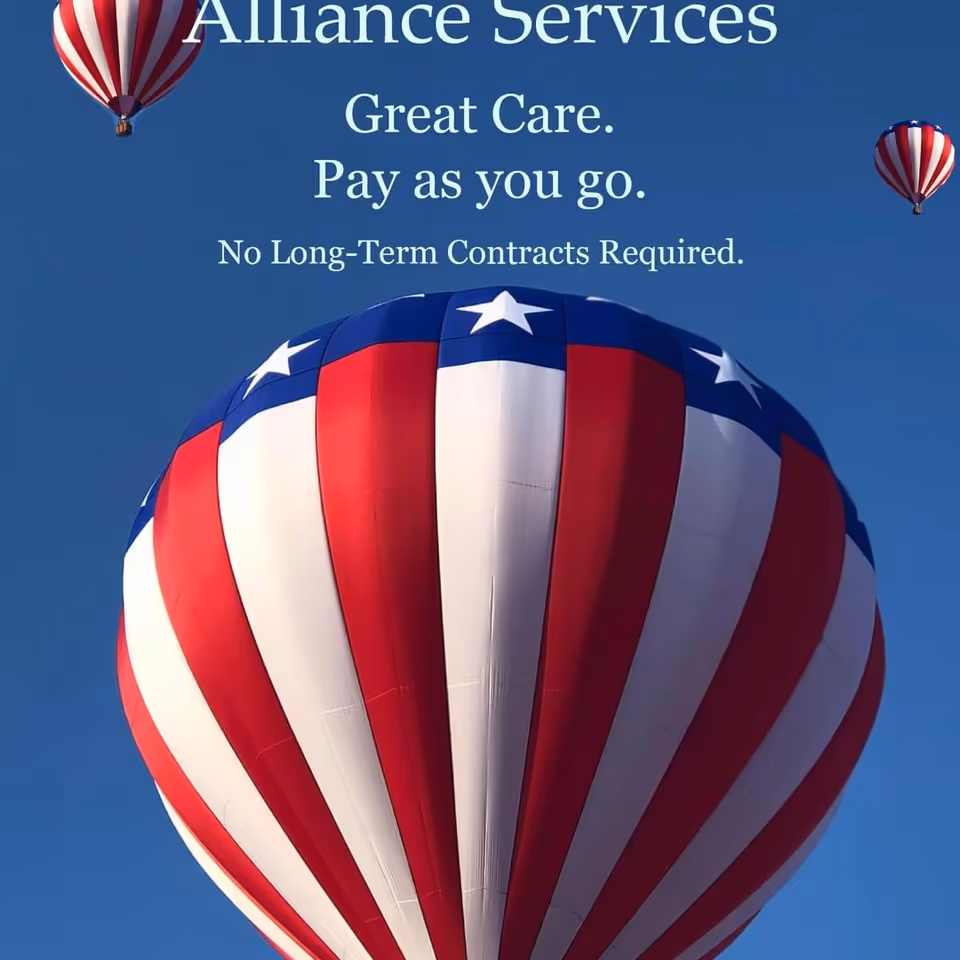Blue sky with red-white-blue hot air balloons and promotional text for Alliance Services.