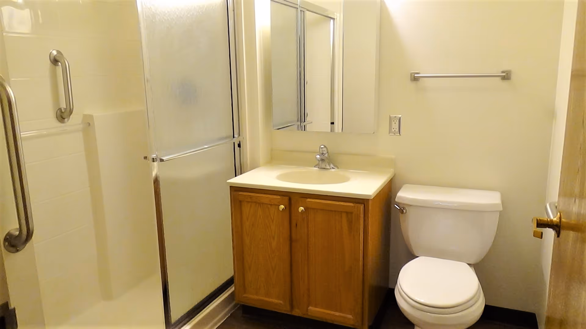 A small bathroom featuring a shower with sliding frosted glass doors and a metal grab bar, a wooden vanity with a white sink and faucet, a toilet, a towel rack on the wall, and a mirror above the sink.