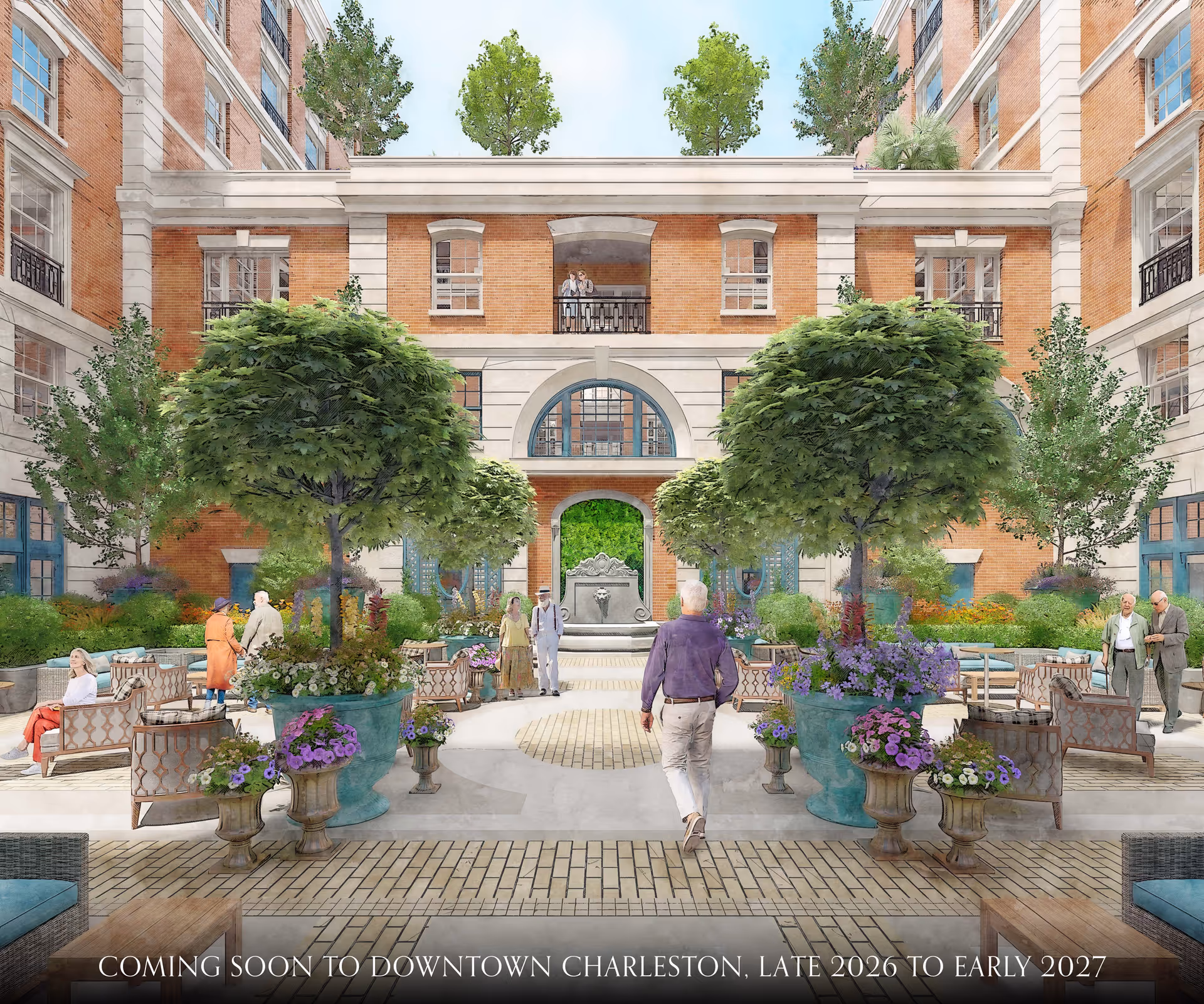 Brick courtyard with large trees, planters, seating, and residents strolling through an open atrium