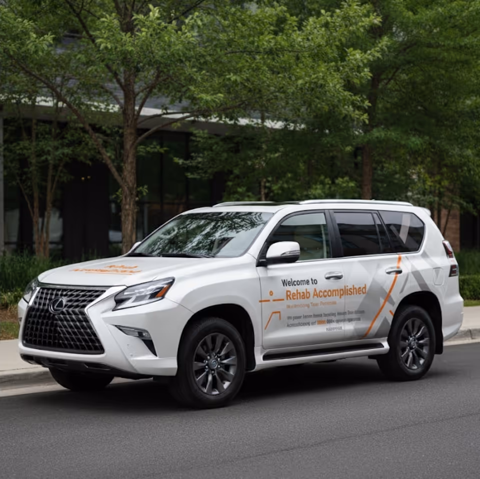 White SUV with Rehab Accomplished branding parked outside a tree-lined building.