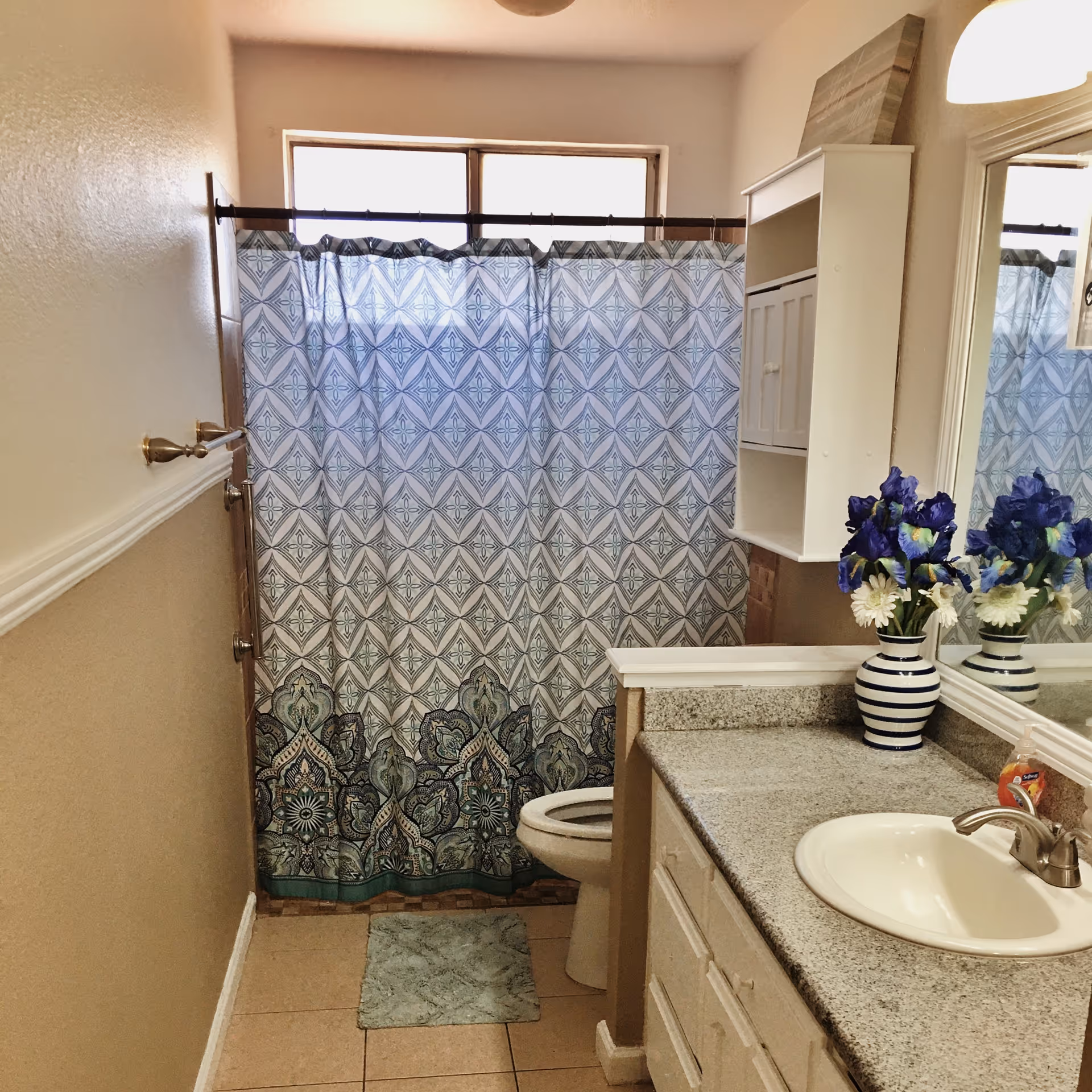 Compact bathroom featuring a patterned shower curtain, vanity, mirror, cabinet, and blue floral decor.