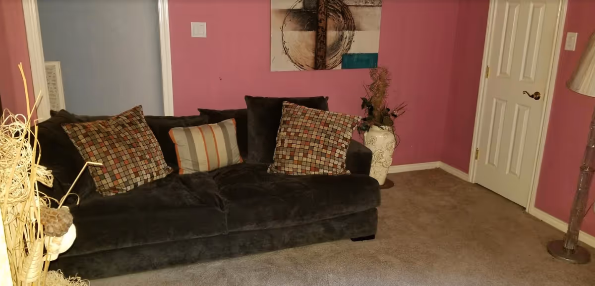 Black sofa with patterned pillows sits in a pink-walled living area.