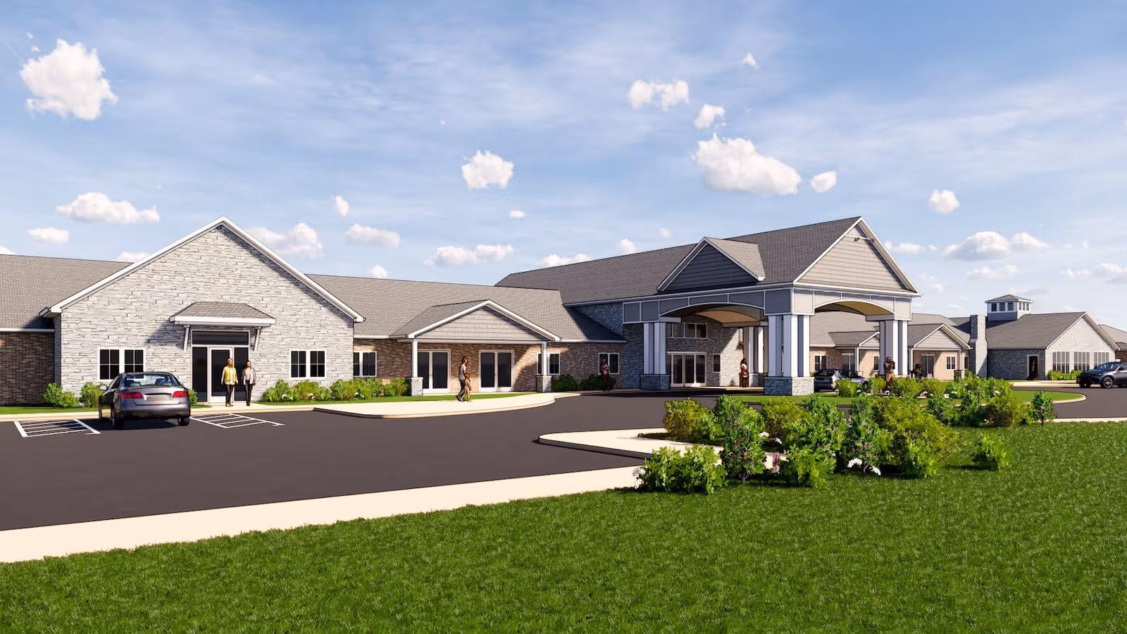 Exterior view of Cedarhurst Senior Living of Topeka showing a large building with stone and brick facade, multiple entrances, a covered drop-off area, parked cars, green lawn, and several people walking near the building under a partly cloudy sky.