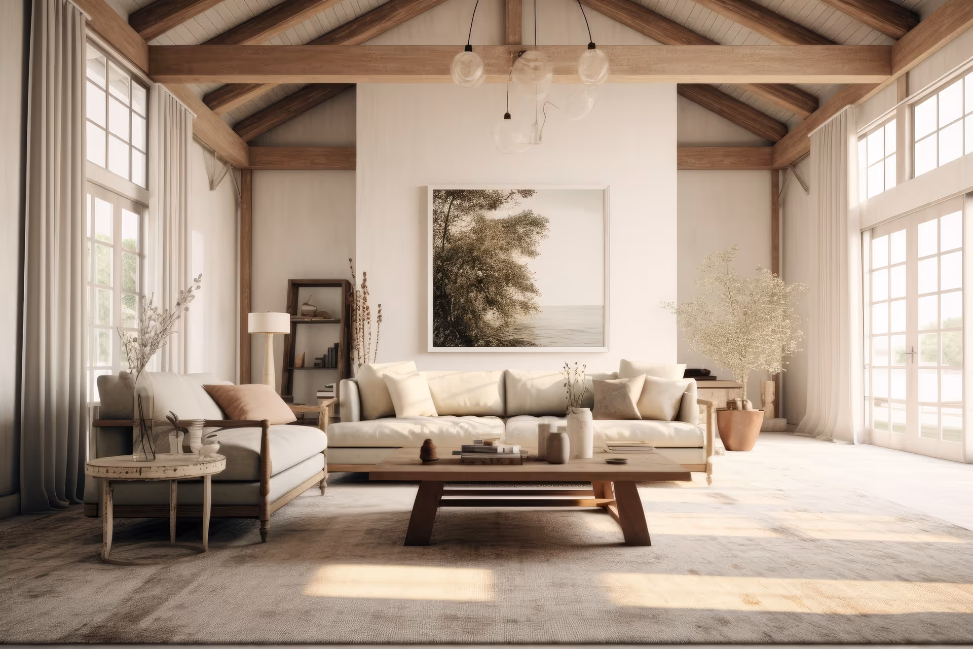 Bright living room with neutral furniture, wooden beams, and large windows.