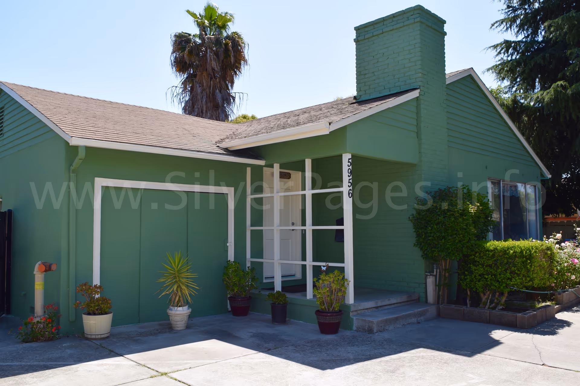 Green single-story building exterior with entrance, steps, and potted plants.