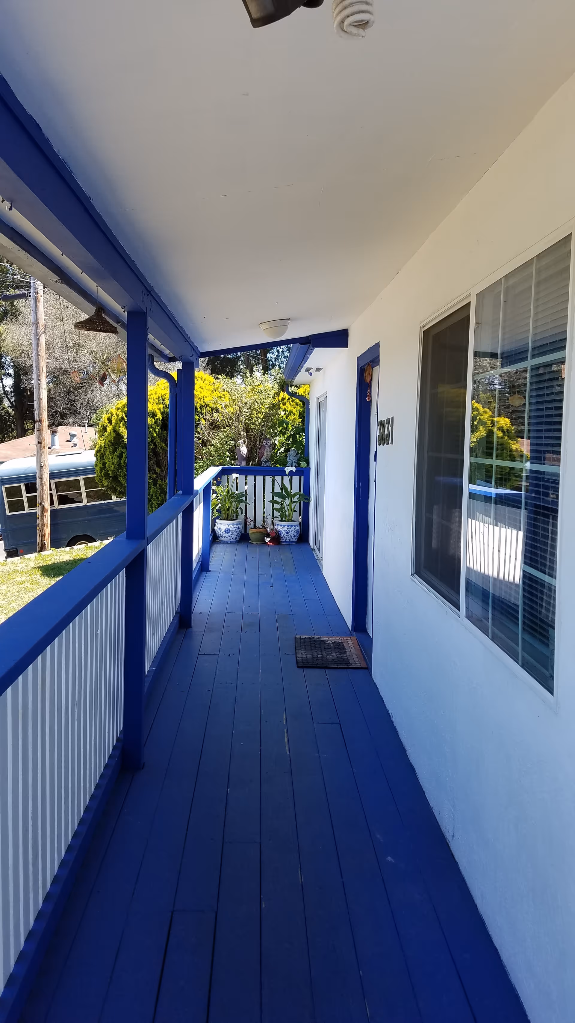 Blue-painted exterior porch of Hailey's Care Home with railing and potted plants.
