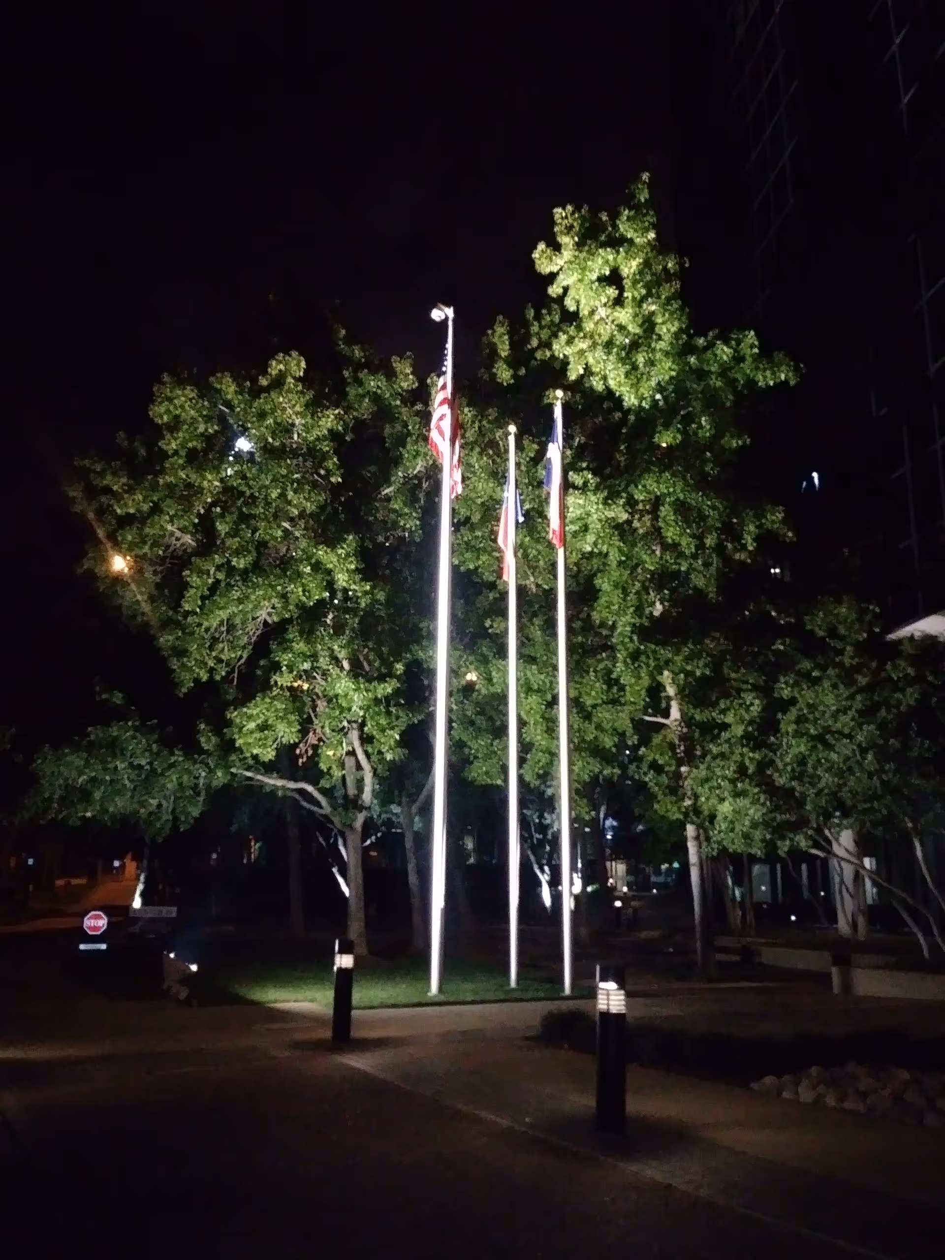 Night exterior view showing flagpoles, trees, and lit pathway at Grace Compassion Home Health and Hospice
