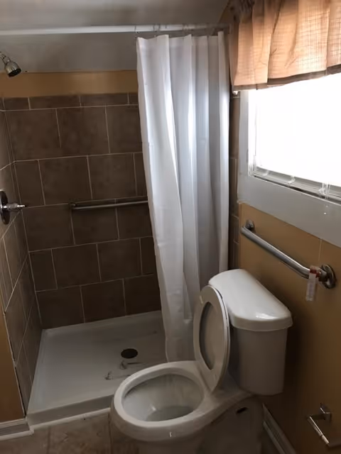 Accessible bathroom with toilet, shower stall, curtain, grab bars, tile walls, and a window.
